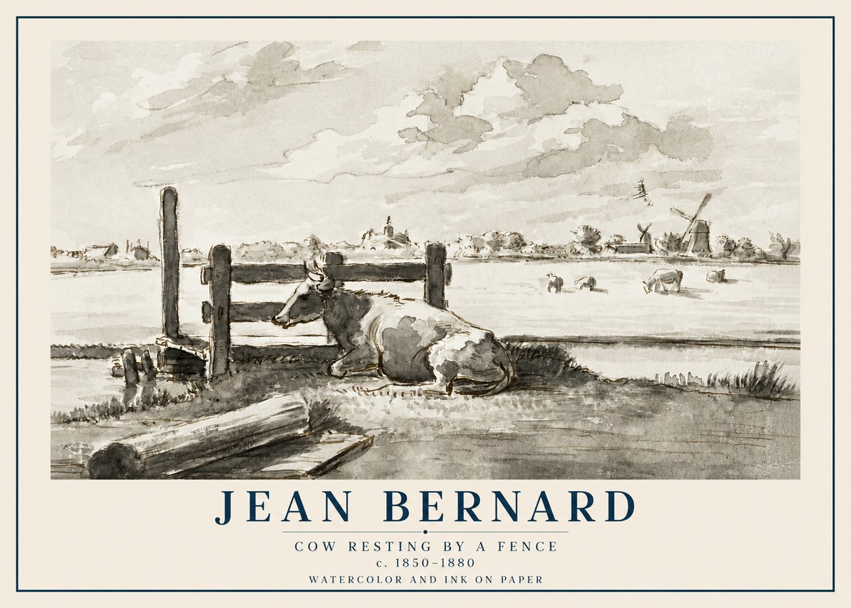 Jean Bernard Cow Resting by a Fence No2 - Affiche
