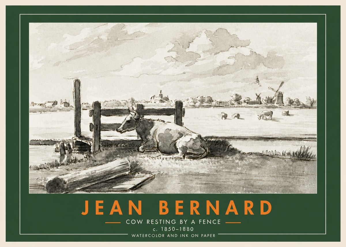 Jean Bernard Cow Resting by a Fence No3 - Affiche