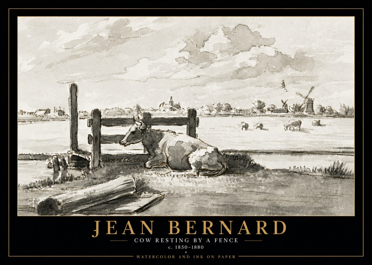 Jean Bernard Cow Resting by a Fence No5 - Affiche