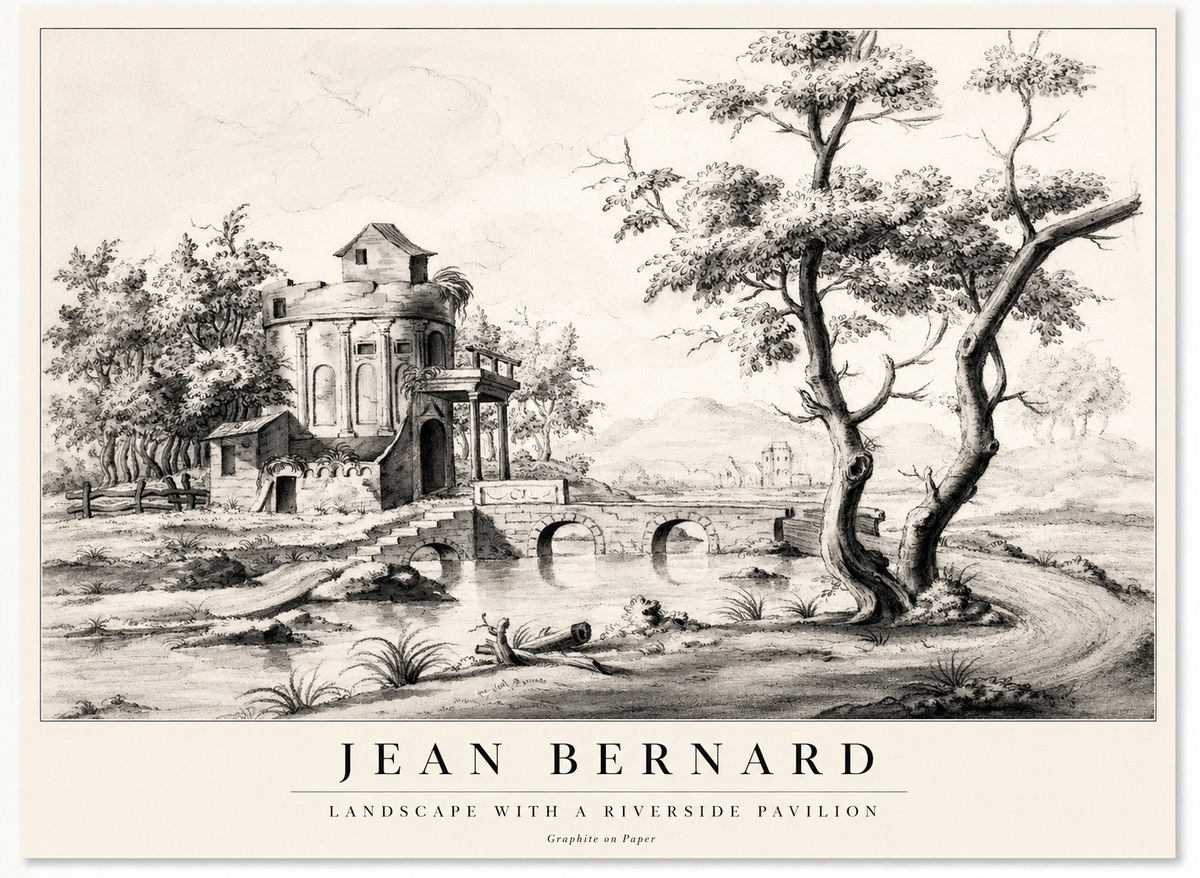 Jean Bernard Riverside Landscape with Bridge and Tower No2 - Affiche