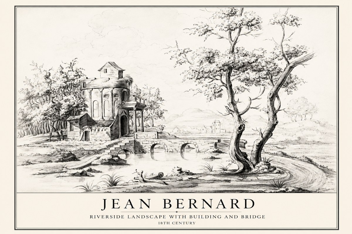 Jean Bernard Riverside Landscape with Bridge and Tower No4 - Affiche