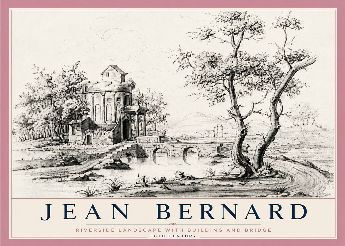 Jean Bernard Riverside Landscape with Bridge and Tower No6 - Affiche