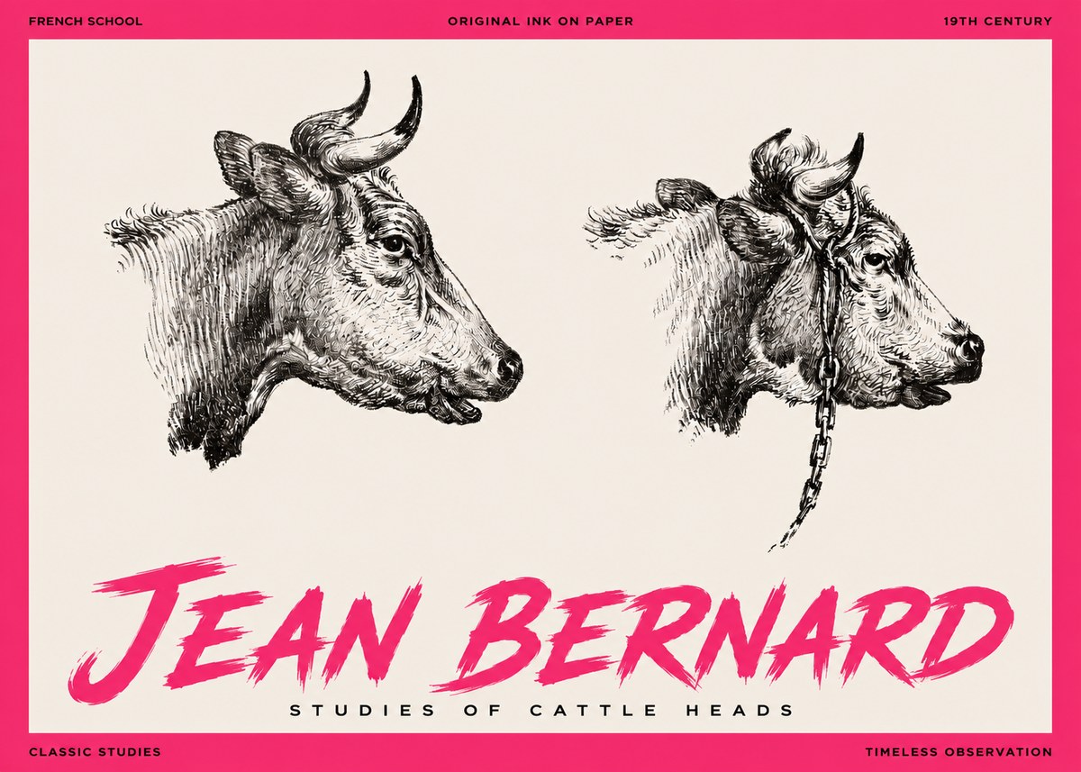 Jean Bernard Studies of Cattle Heads No3 - Affiche