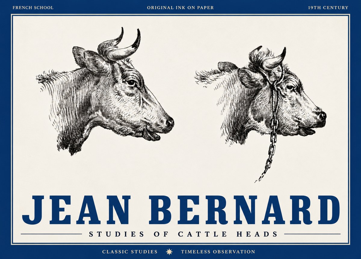 Jean Bernard Studies of Cattle Heads No4 - Affiche