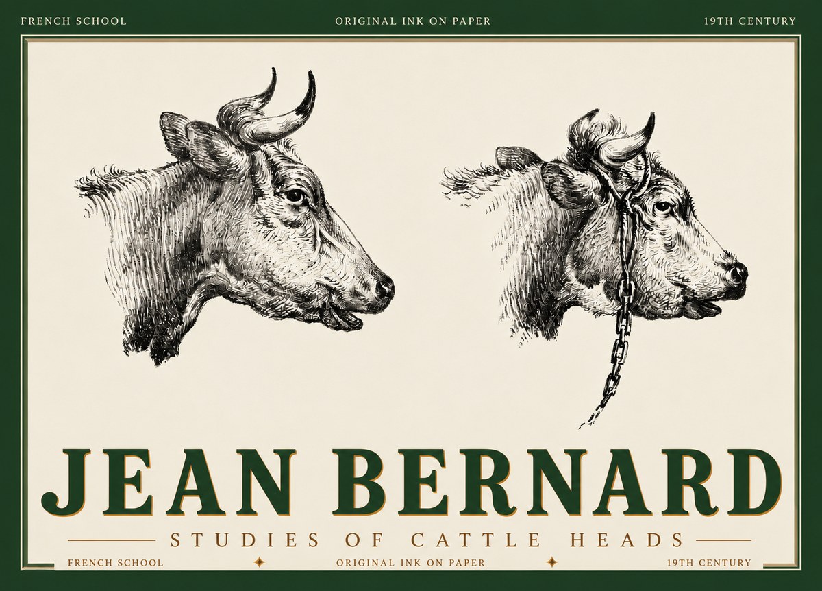 Jean Bernard Studies of Cattle Heads No6 - Affiche