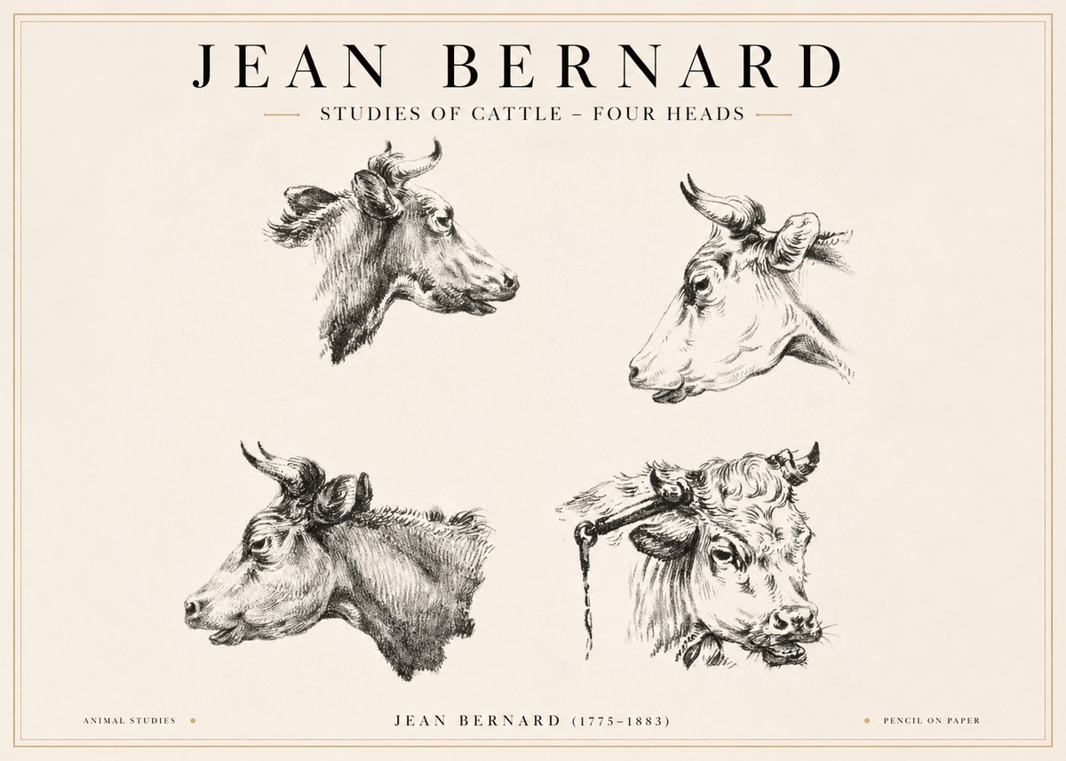Jean Bernard Studies of Cattle - Four Heads No1 - Affiche