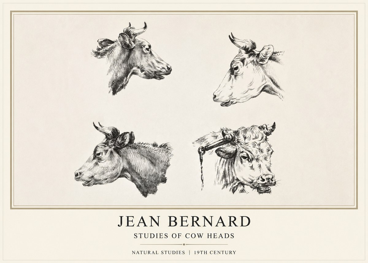 Jean Bernard Studies of Cattle - Four Heads No2 - Affiche