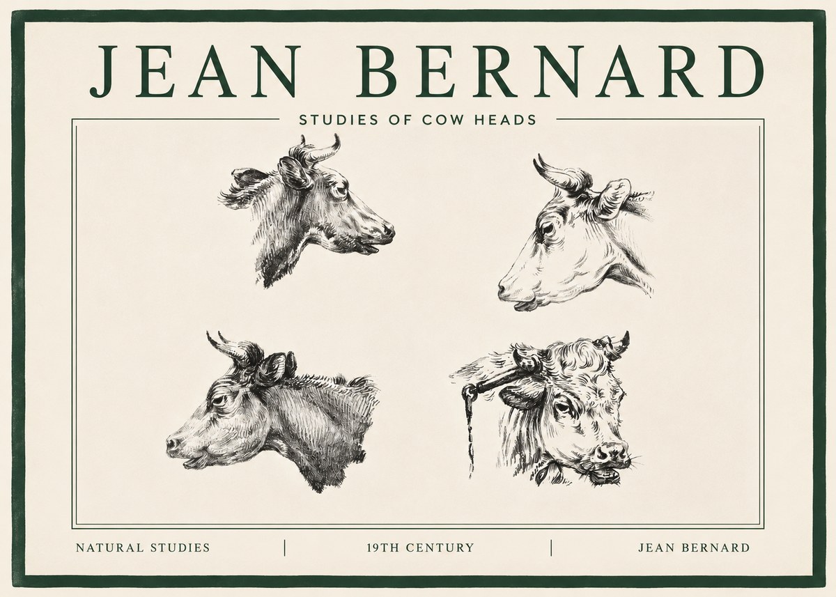 Jean Bernard Studies of Cattle - Four Heads No4 - Affiche