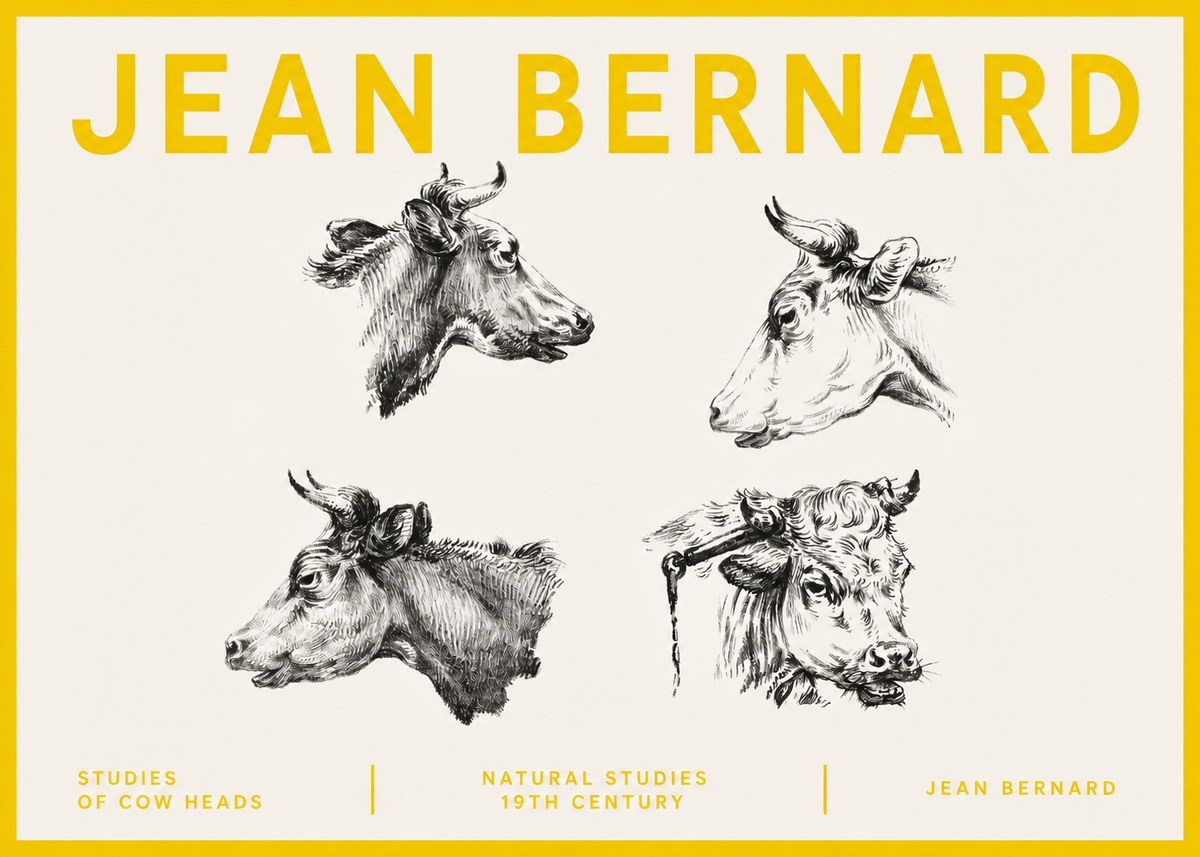 Jean Bernard Studies of Cattle - Four Heads No5 - Affiche