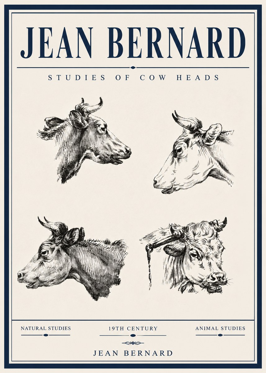 Jean Bernard Studies of Cattle - Four Heads No6 - Affiche