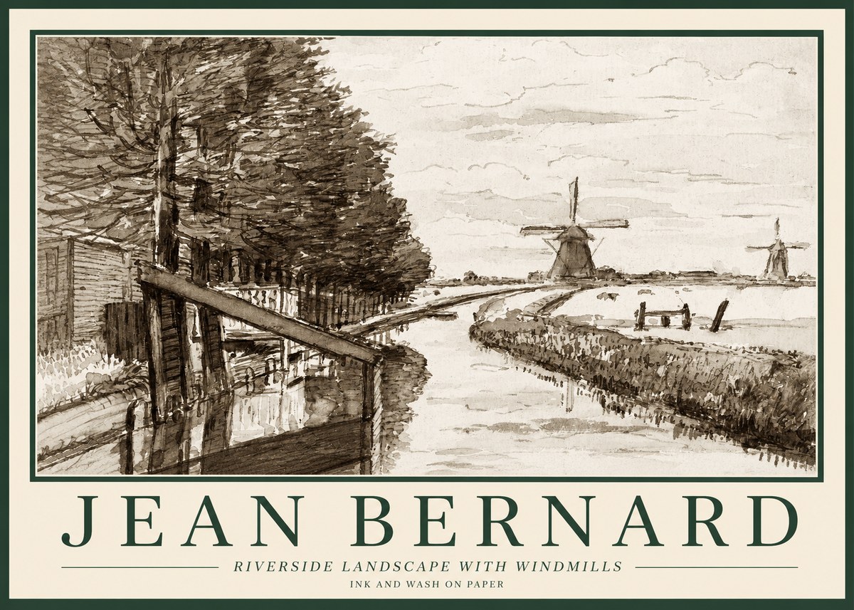 Jean Bernard Riverside Landscape with Windmills No1 - Affiche