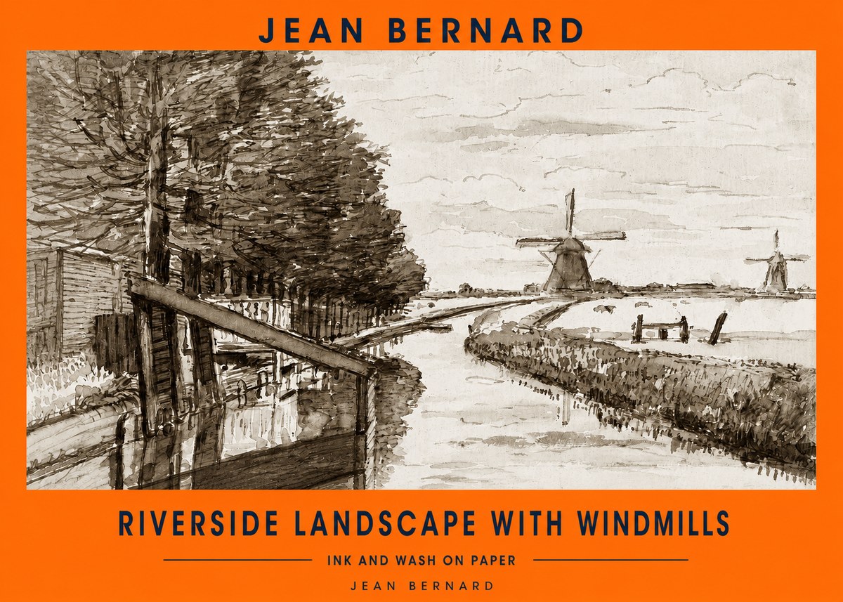 Jean Bernard Riverside Landscape with Windmills No2 - Affiche
