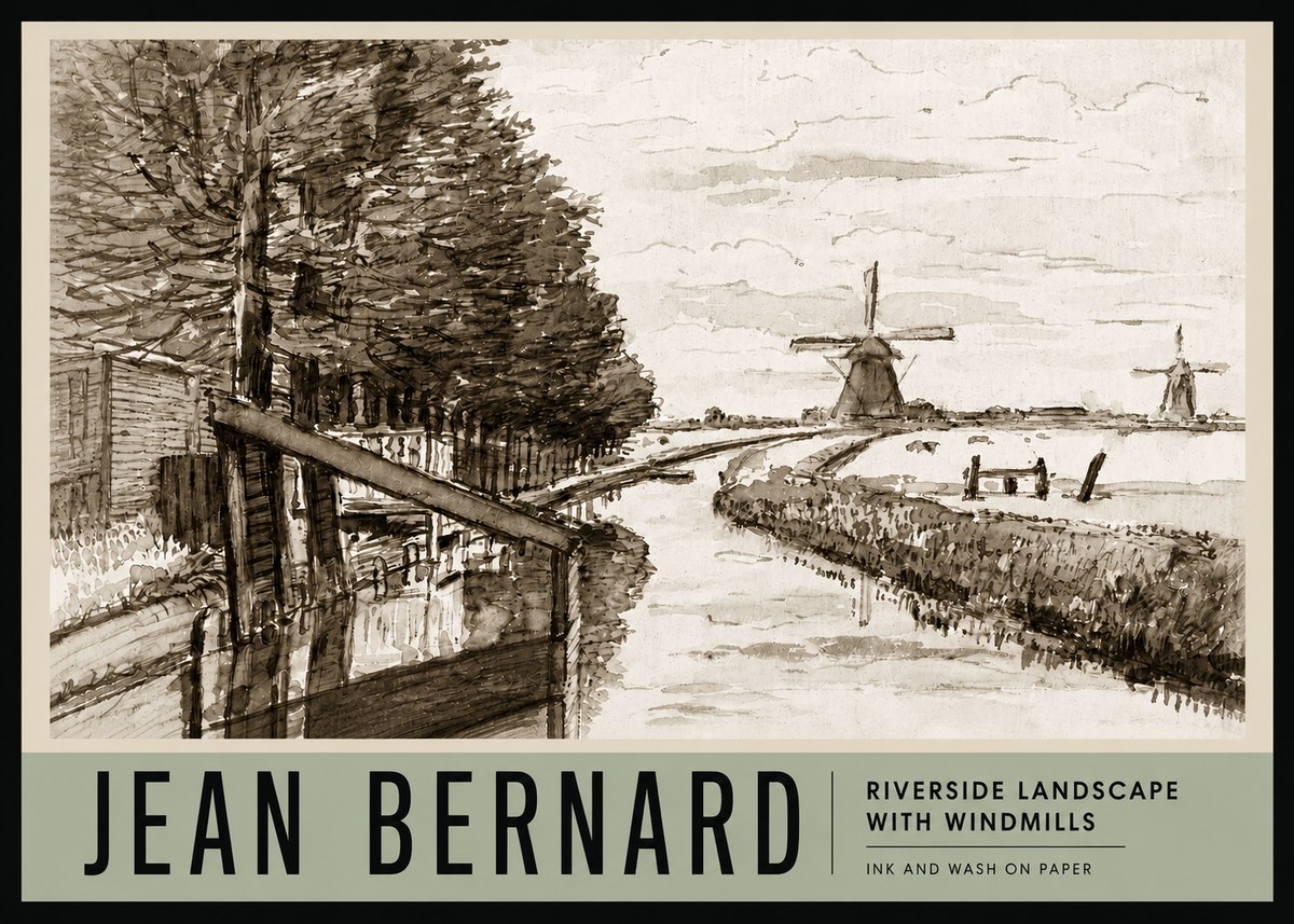 Jean Bernard Riverside Landscape with Windmills No3 - Affiche