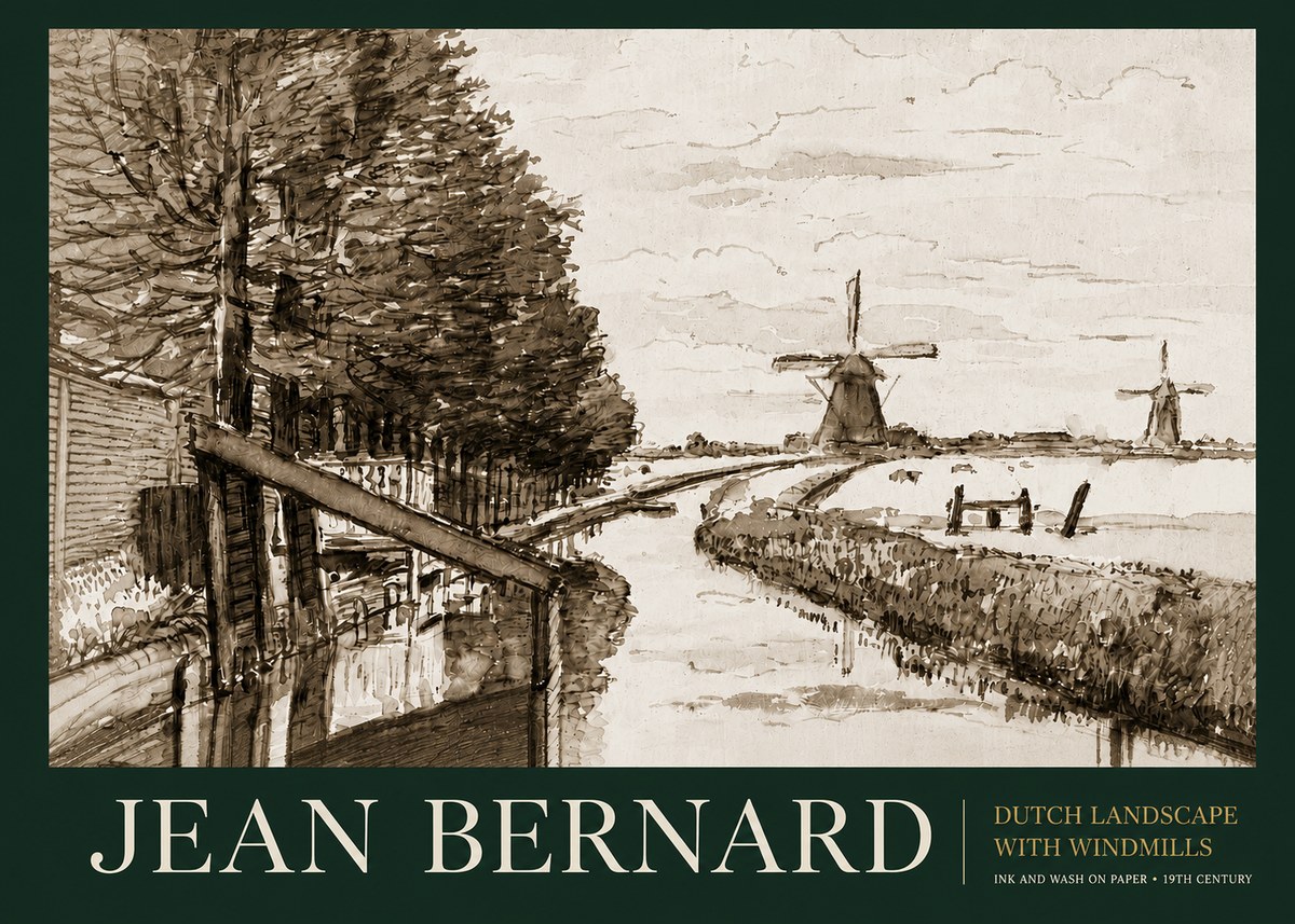 Jean Bernard Riverside Landscape with Windmills No6 - Affiche