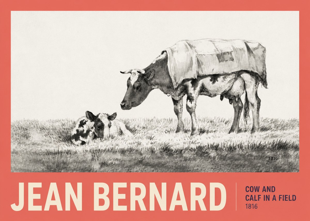 Jean Bernard Cow and Calf in a Field No2 - Affiche