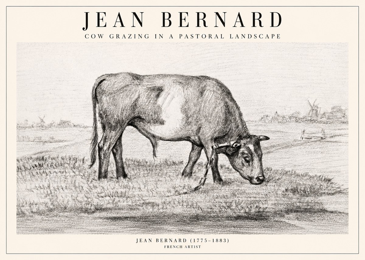 Jean Bernard Cow Grazing in a Pastoral Landscape No2 - Affiche