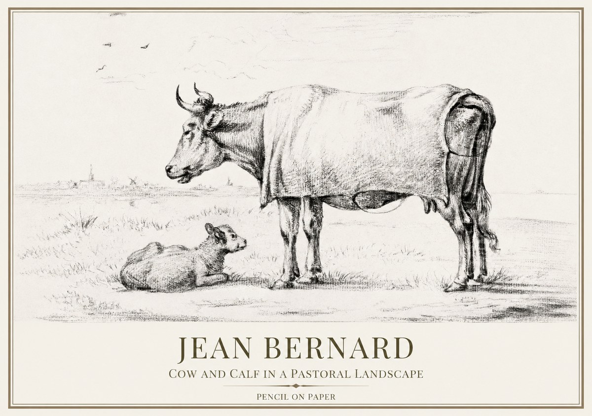 Jean Bernard Cow and Calf in a Pastoral Landscape No1 - Affiche