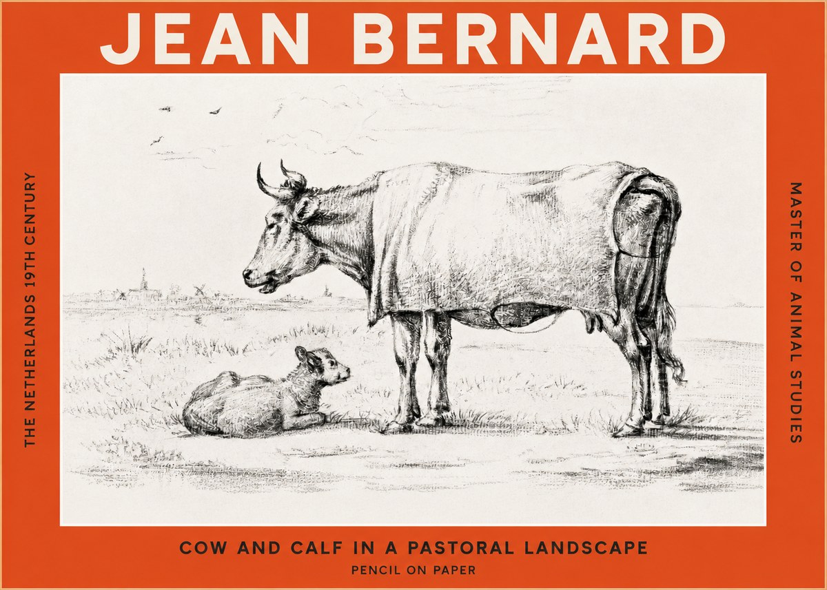 Jean Bernard Cow and Calf in a Pastoral Landscape No2 - Affiche