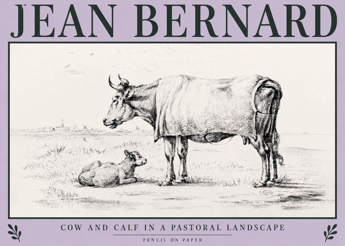 Jean Bernard Cow and Calf in a Pastoral Landscape No3 - Affiche