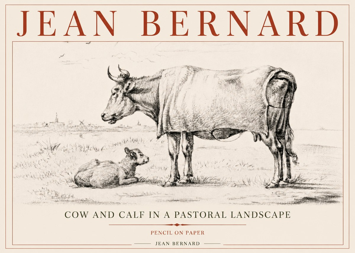 Jean Bernard Cow and Calf in a Pastoral Landscape No5 - Affiche