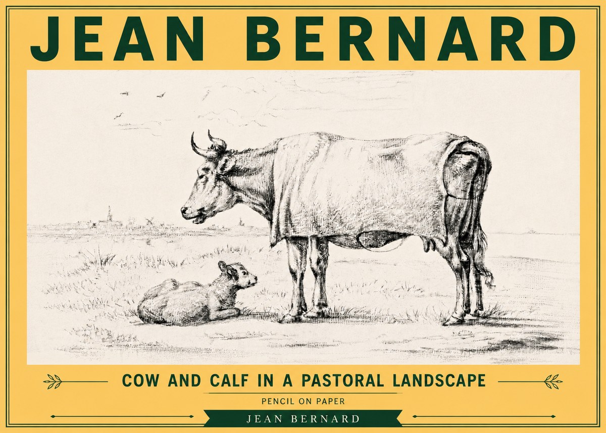 Jean Bernard Cow and Calf in a Pastoral Landscape No6 - Affiche