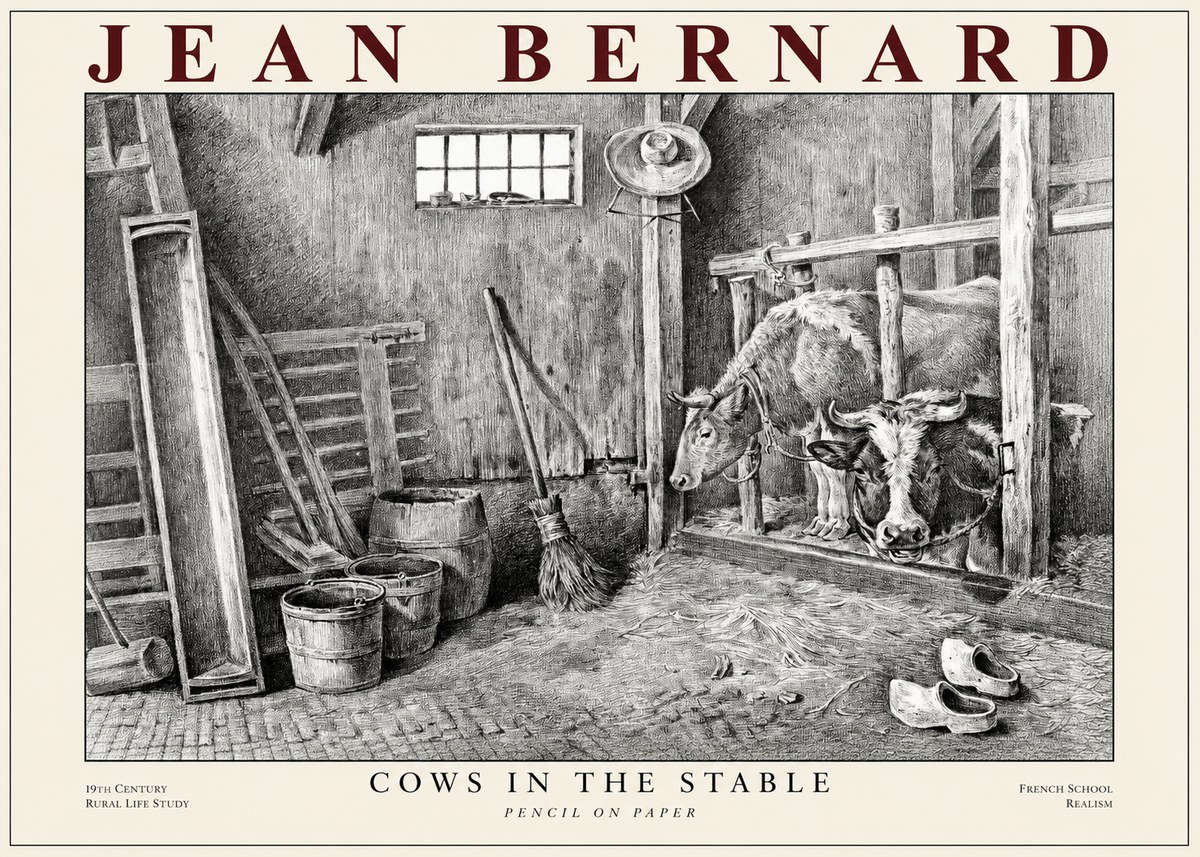 Jean Bernard Cows in the Stable No1 - Affiche