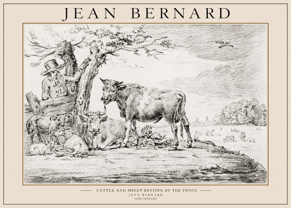 Jean Bernard Cattle and Sheep Resting by the Fence No1 - Affiche