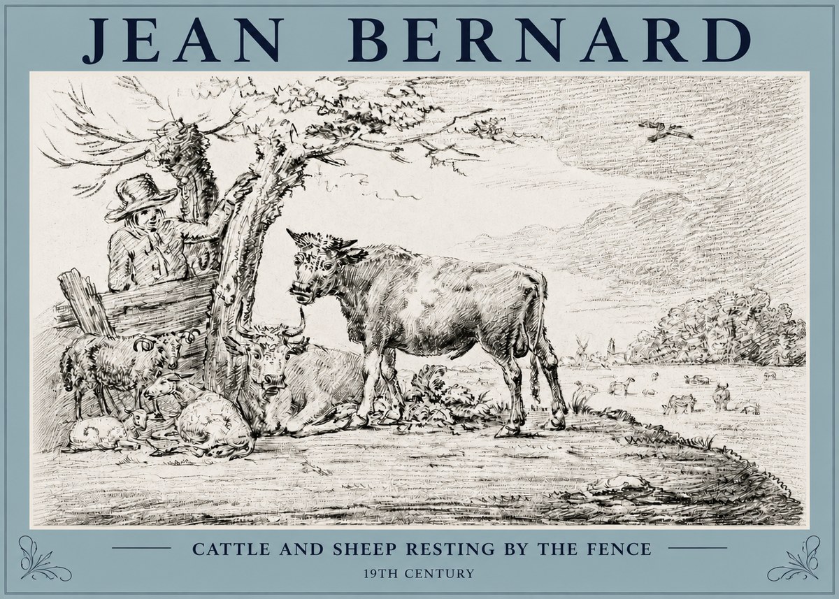Jean Bernard Cattle and Sheep Resting by the Fence No3 - Affiche