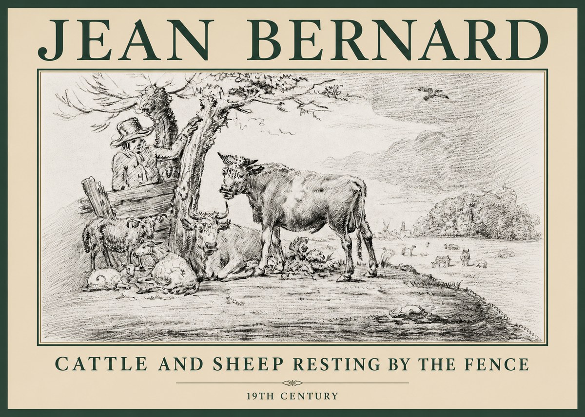 Jean Bernard Cattle and Sheep Resting by the Fence No4 - Affiche