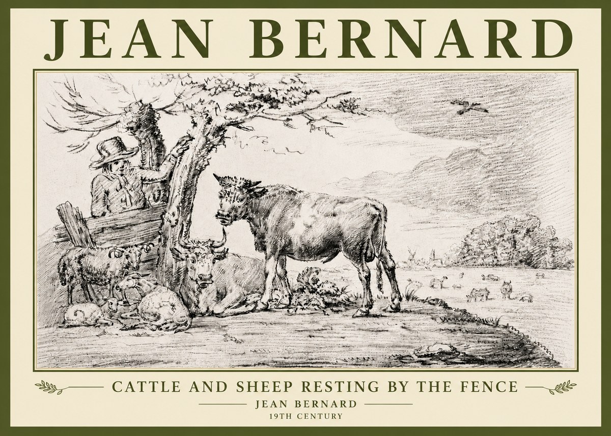 Jean Bernard Cattle and Sheep Resting by the Fence No5 - Affiche