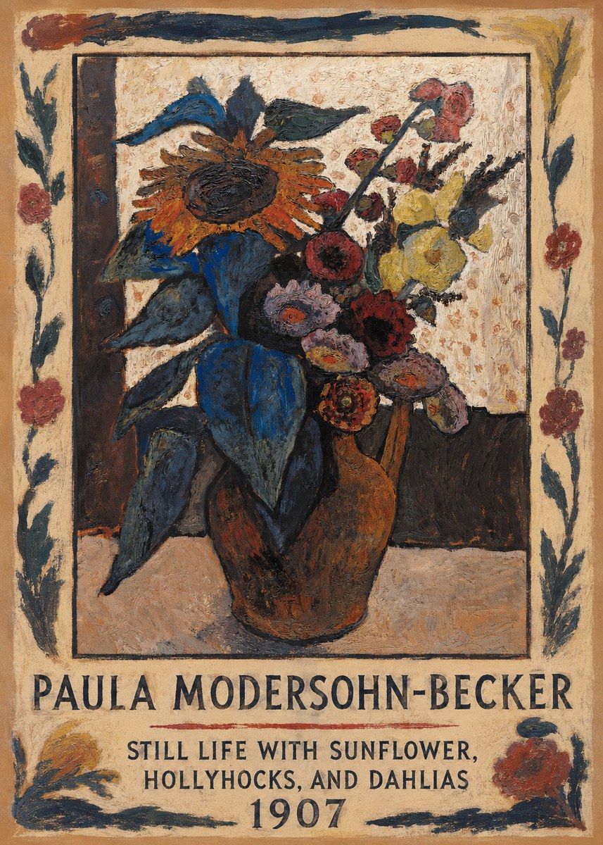 Paula Modersohn-Becker Still Life with Sunflower, Hollyhocks, and Dahlias No1 - Affiche