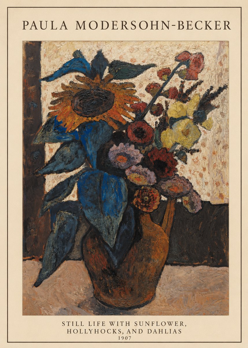 Paula Modersohn-Becker Still Life with Sunflower, Hollyhocks, and Dahlias No5 - Affiche