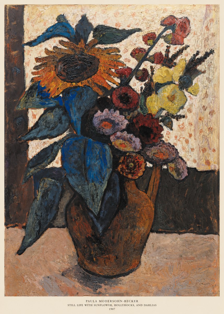 Paula Modersohn-Becker Still Life with Sunflower, Hollyhocks, and Dahlias No6 - Affiche
