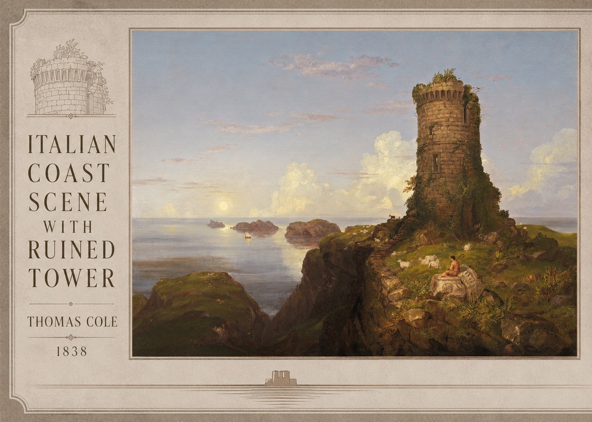 Thomas Cole Italian Coast Scene with Ruined Tower I No2 - Affiche