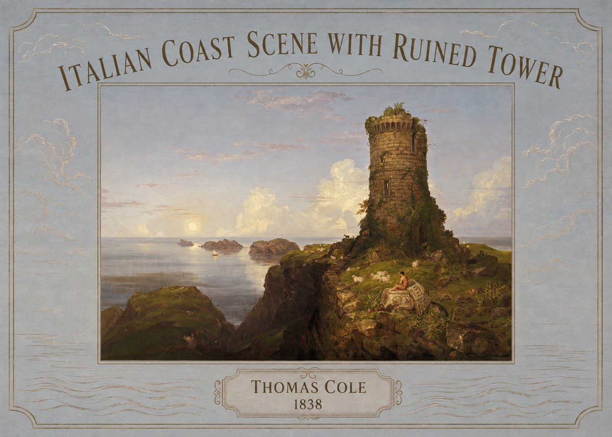 Thomas Cole Italian Coast Scene with Ruined Tower I No3 - Affiche