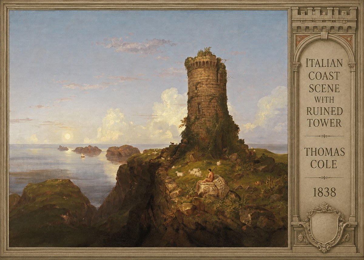 Thomas Cole Italian Coast Scene with Ruined Tower I No6 - Affiche