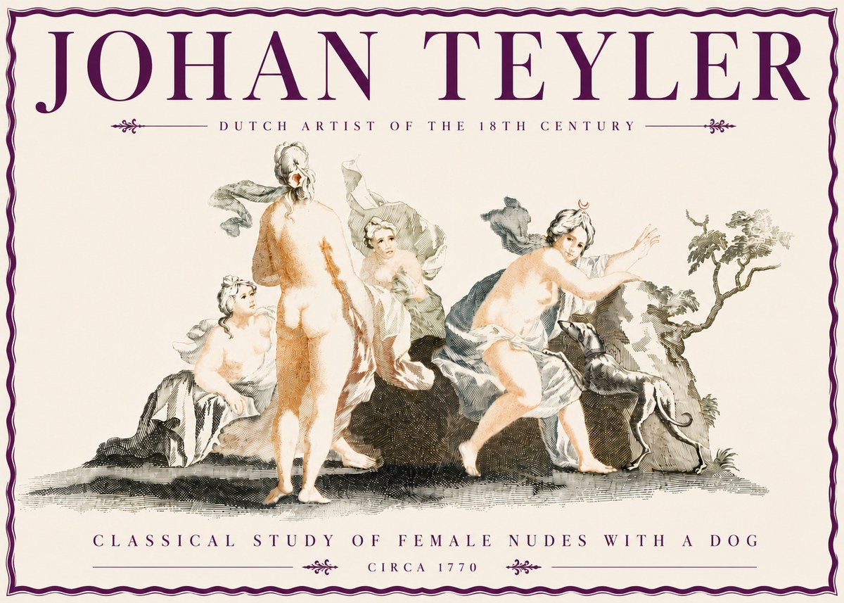 Johan Teyler Classical Study of Female Nudes with a Dog No6 - Affiche
