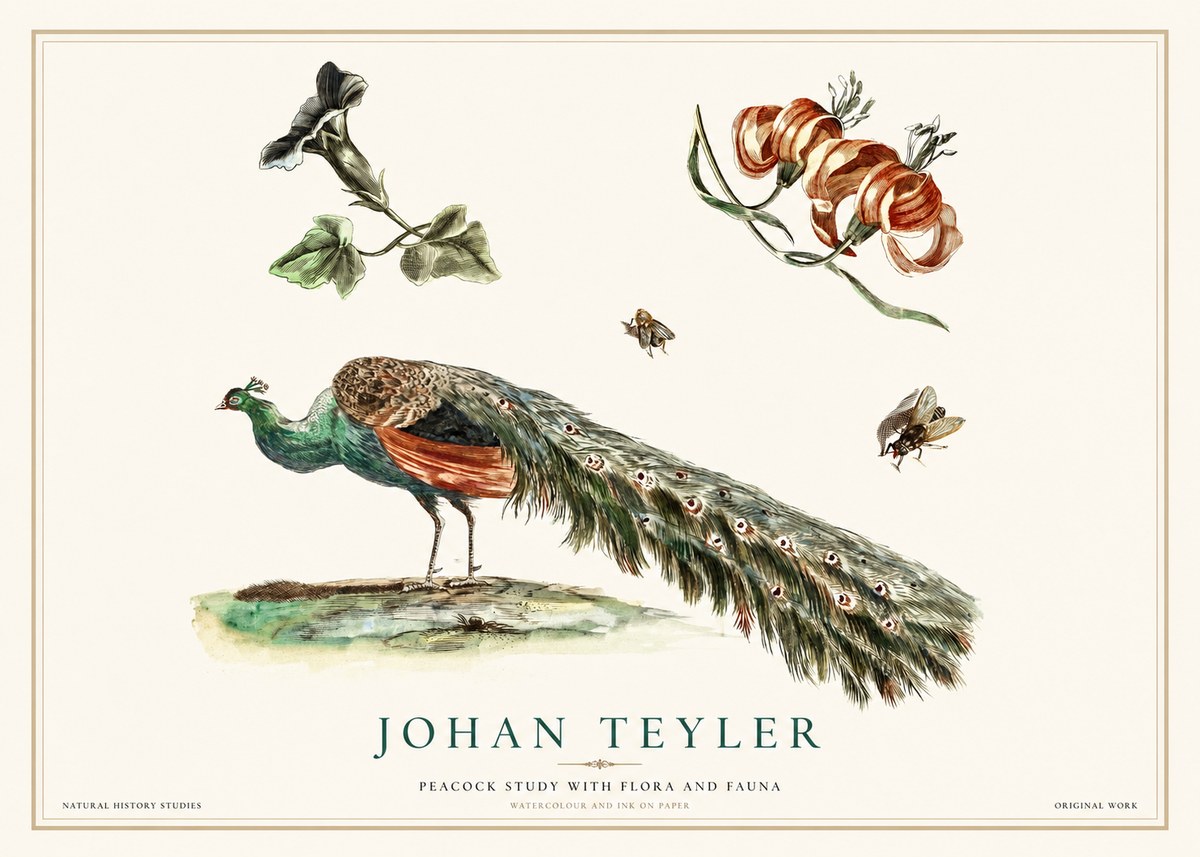 Johan Teyler Peacock Study with Flora and Fauna No1 - Affiche