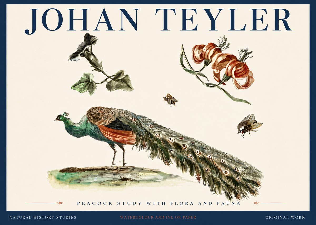 Johan Teyler Peacock Study with Flora and Fauna No4 - Affiche