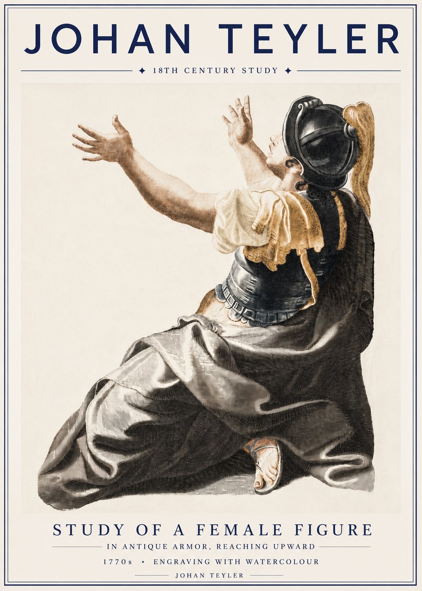 Johan Teyler Study of a Female Figure in Antique Armor, Reaching Upward No4 - Affiche