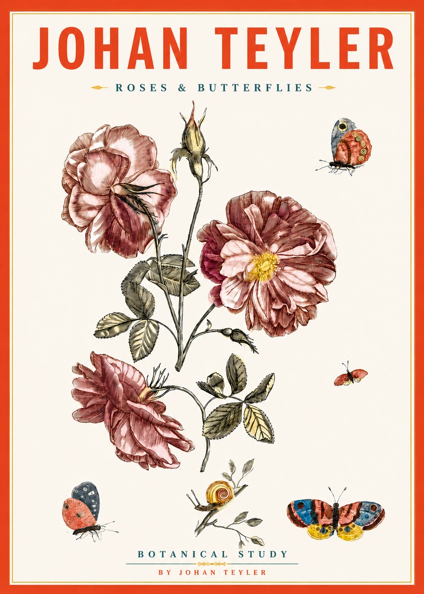 Johan Teyler Roses & Butterflies - Botanical Study No5 - Affiche