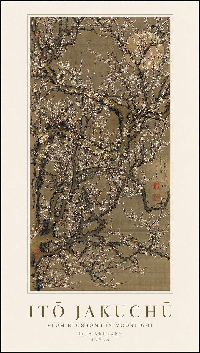 Itō Jakuchū Plum Blossoms in Moonlight No1 - Affiche