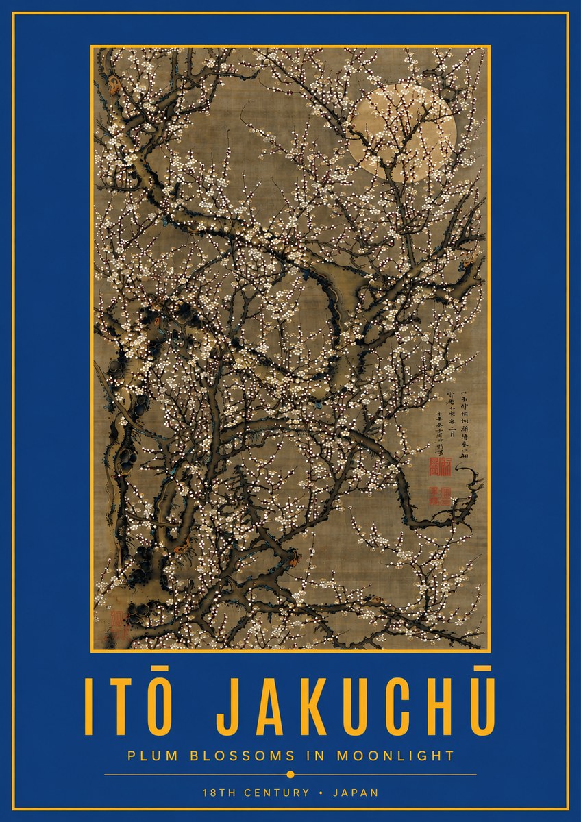 Itō Jakuchū Plum Blossoms in Moonlight No3 - Affiche