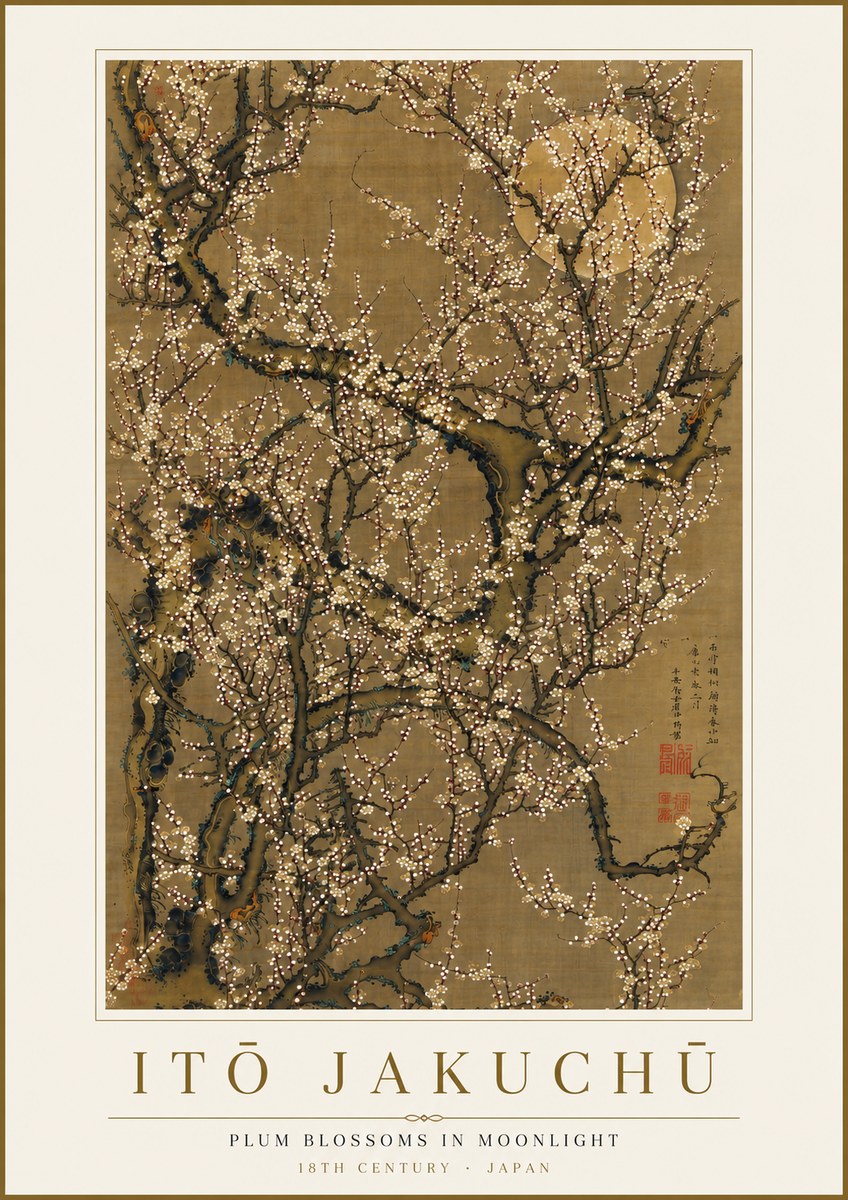 Itō Jakuchū Plum Blossoms in Moonlight No4 - Affiche