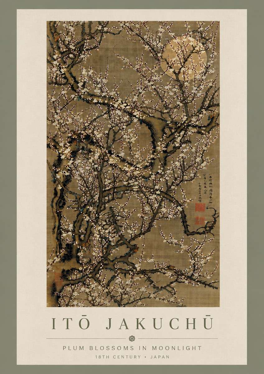 Itō Jakuchū Plum Blossoms in Moonlight No5 - Affiche