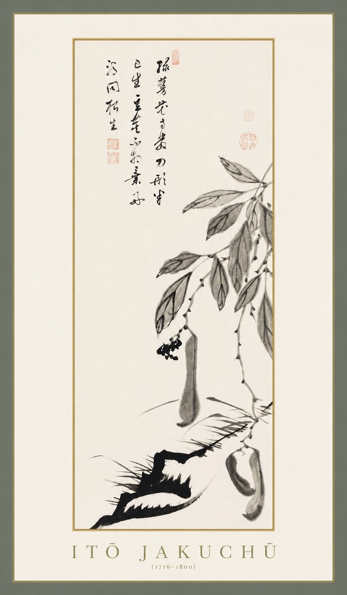 Itō Jakuchū Branch with Pods and Calligraphy No1 - Affiche
