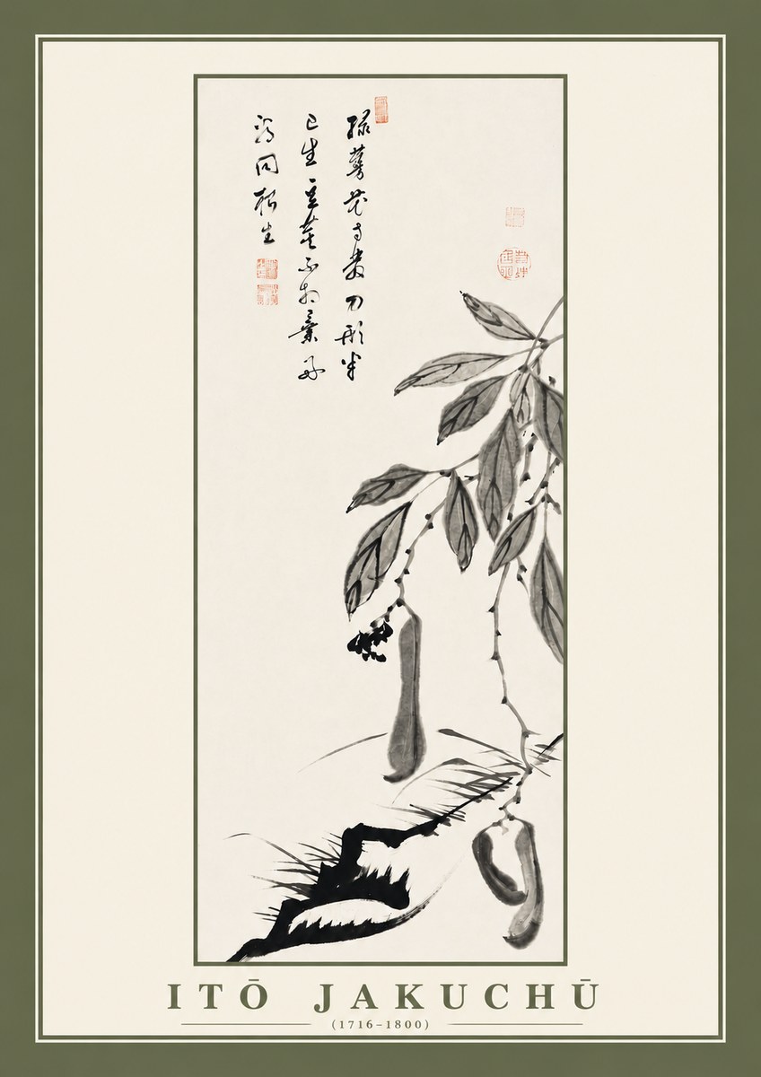 Itō Jakuchū Branch with Pods and Calligraphy No2 - Affiche