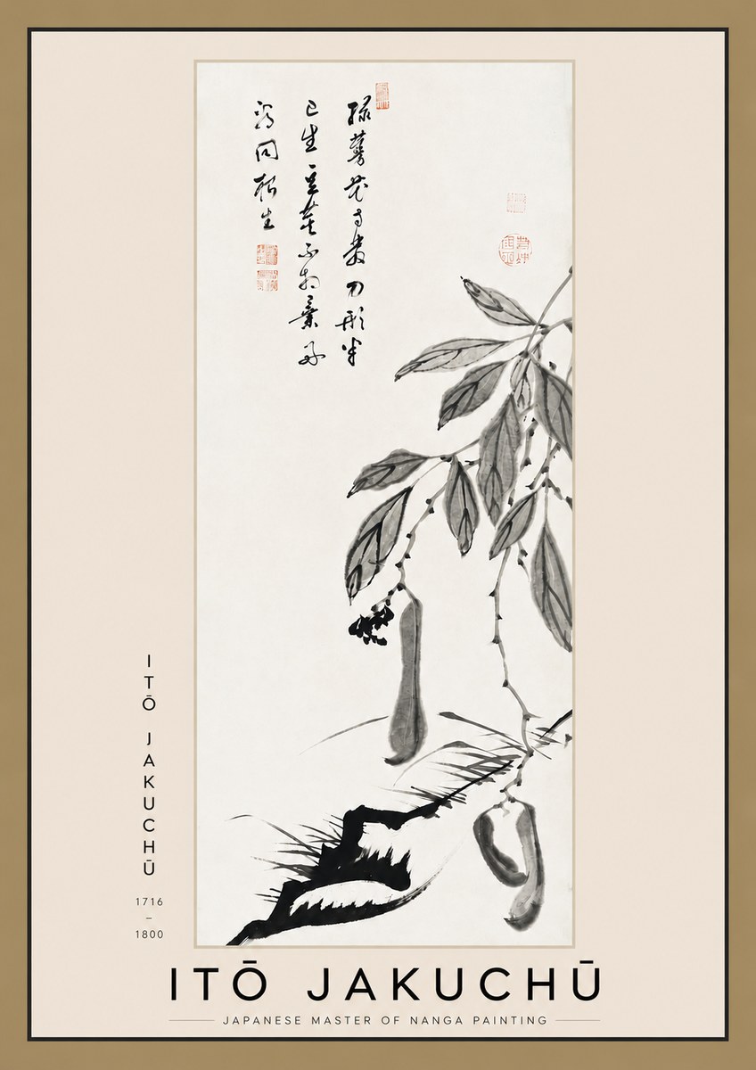 Itō Jakuchū Branch with Pods and Calligraphy No3 - Affiche