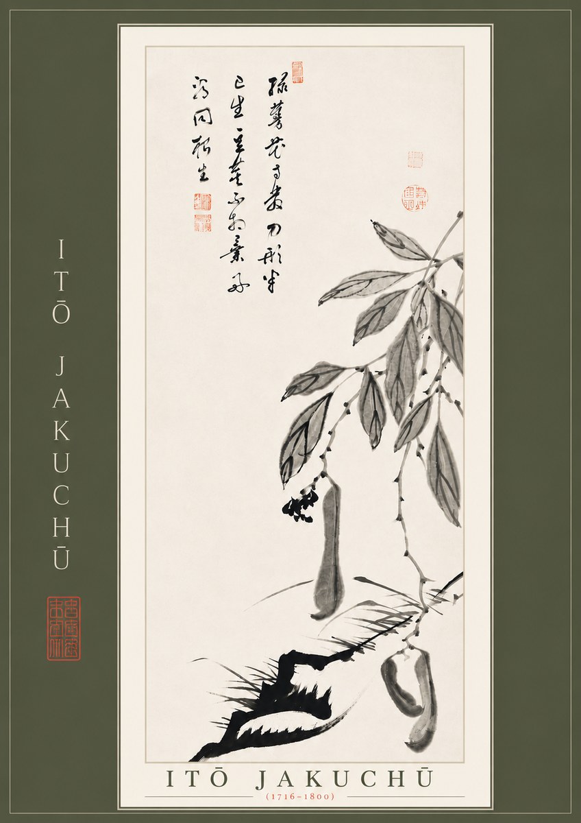 Itō Jakuchū Branch with Pods and Calligraphy No4 - Affiche