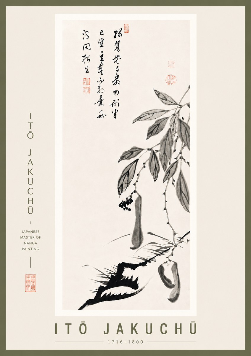 Itō Jakuchū Branch with Pods and Calligraphy No5 - Affiche